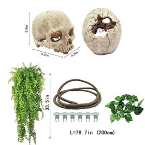 Tfwadmx Reptiles Skull Hide Decorations Bearded Dragon Tank Accessories Terrarium Ornament Gecko Hideouts Cave Snake Habitat Jungle Climber Bendable Vines Leaves for Lizards,Chameleon,Spider (4 Pcs)