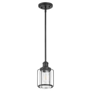 prominence home lincoln woods 1 light matte black industrial pendant light with cage and clear glass