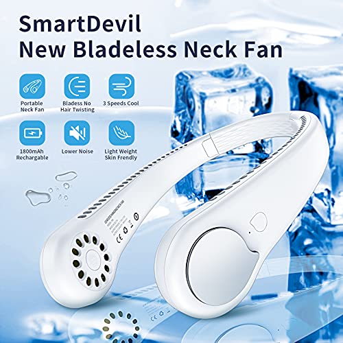 SmartDevil Portable Neck Fan, Hands Free Bladeless Neck Fan, Rechargeable Wearable Personal Neck Fan, 360° Cooling Hanging Neck Fan, 3 Speeds, 48 Air Outlet, for Travel, Sports, Outdoor (White)