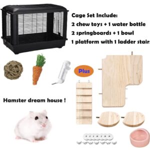 VINTEX Large Hamster Cages,Small Animal Habitat for Large Siberian Hamster, Gerbils, Little Rabbits, Includes 5 Pack Hamster Toys and Habitat Accessories, Measures 24" L x 14" W x 17" H (Black Cage)