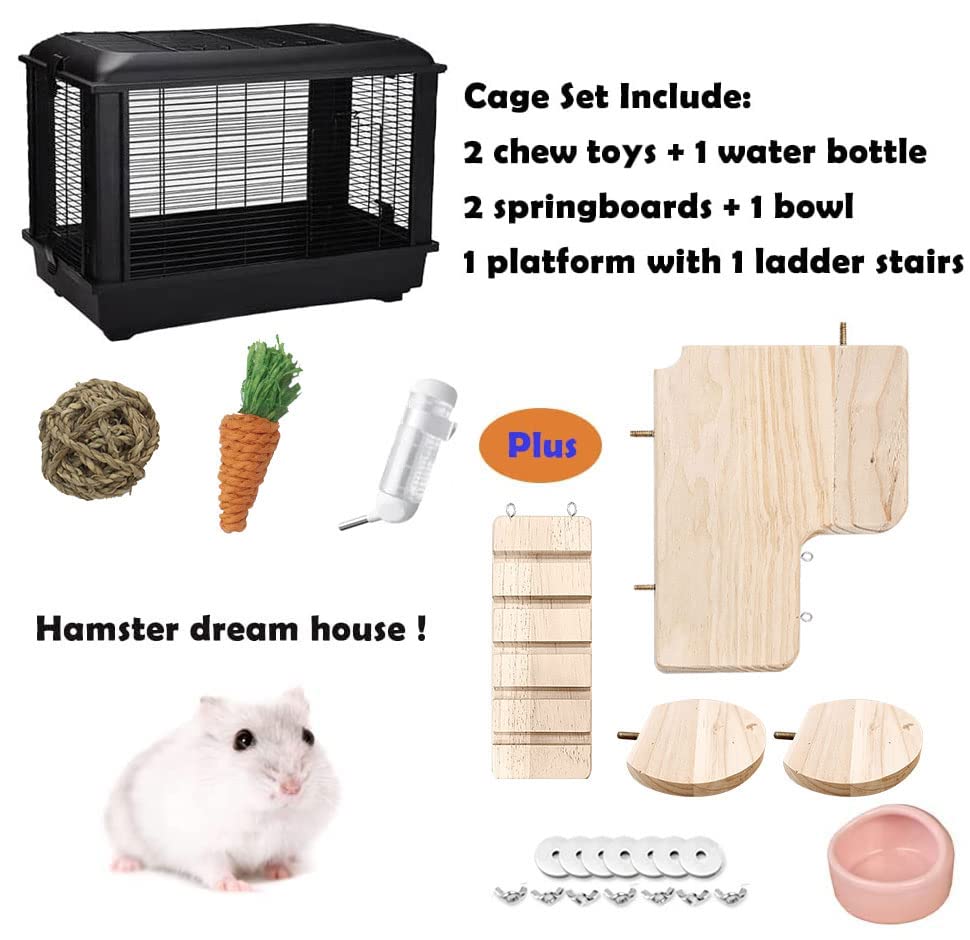 VINTEX Large Hamster Cages,Small Animal Habitat for Large Siberian Hamster, Gerbils, Little Rabbits, Includes 5 Pack Hamster Toys and Habitat Accessories, Measures 24" L x 14" W x 17" H (Black Cage)