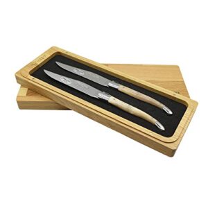 laguiole en aubrac luxury fully forged full tang stainless steel steak knives 2-piece set with solid horn handle, stainless steel shiny bolsters