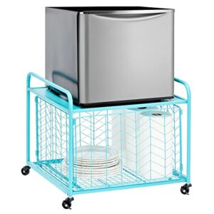 mdesign small portable mini fridge storage cart with wheels and handles - mobile refrigerator, microwave, appliance platform table with drawer basket for dorm room, studio, apartments - ocean blue