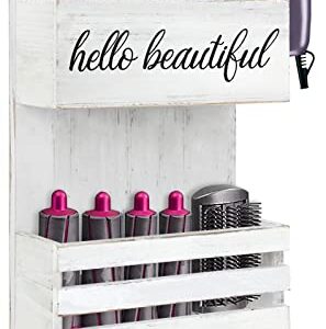 Rustic Hair Tool Organizer Wall Mount, 2 Layer Hair Dryer Holder Wall Mounted, Bathroom Hair Care and Styling Tool Organizer for Wall, Hair Accessories Organizer with Shelf for Makeup, Toiletries