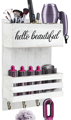 Rustic Hair Tool Organizer Wall Mount, 2 Layer Hair Dryer Holder Wall Mounted, Bathroom Hair Care and Styling Tool Organizer for Wall, Hair Accessories Organizer with Shelf for Makeup, Toiletries