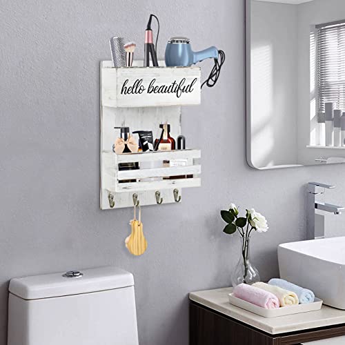 Rustic Hair Tool Organizer Wall Mount, 2 Layer Hair Dryer Holder Wall Mounted, Bathroom Hair Care and Styling Tool Organizer for Wall, Hair Accessories Organizer with Shelf for Makeup, Toiletries