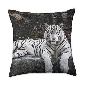 big cat white tiger face safari photography bengal tiger idian animal wildlife black white photo throw pillow, 18x18, multicolor