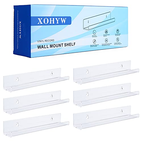 XOHYW Clear LP Vinyl Record Wall Mount Shelf, 6 Pack 12 inch Acrylic Album Record Holder Display Rack, Floating Shelves Perfect for Style Office Home