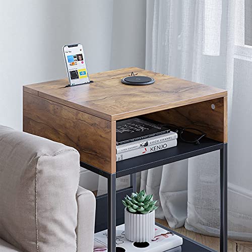 CubiCubi Side Table with Storage Compartment, Small End Table, Rustic File Cabinet, Cable Management, Nightstand Living Room Bedroom, Fir Brown