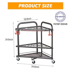 PLKOW Garden Tool Organizer with Wheels and Storage Hooks, Rolling Corner Tool Storage Rack for Garden, Shed, Garage, Powder Coated Steel, Black