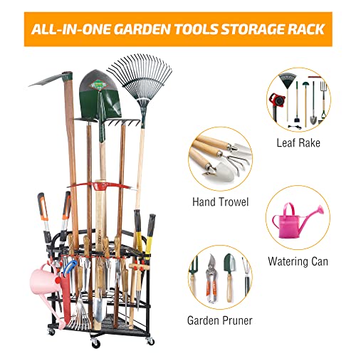 PLKOW Garden Tool Organizer with Wheels and Storage Hooks, Rolling Corner Tool Storage Rack for Garden, Shed, Garage, Powder Coated Steel, Black