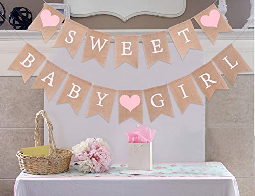 Sweet Baby Girl Burlap Banner - Sweet Baby Boy Shower Decorations, Rustic Baby Shower Decorations, Photo Decoration Props (Sweet Baby Girl Pink)