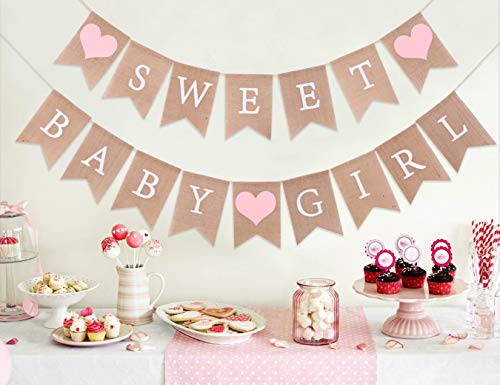 Sweet Baby Girl Burlap Banner - Sweet Baby Boy Shower Decorations, Rustic Baby Shower Decorations, Photo Decoration Props (Sweet Baby Girl Pink)