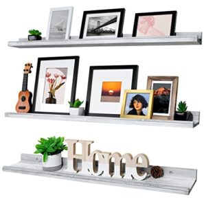annecy floating shelves wall mounted set of 3, 36 inch grey solid wood shelves for wall, wall storage shelves with guardrail design for bedroom, bathroom, kitchen, office, 3 different sizes