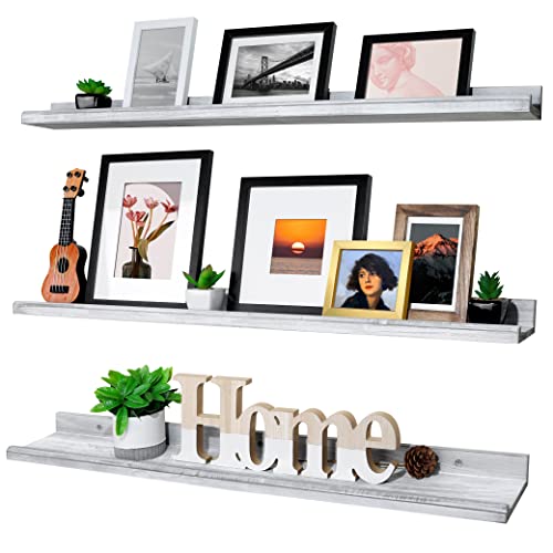 Annecy Floating Shelves Wall Mounted Set of 3, 36 Inch Grey Solid Wood Shelves for Wall, Wall Storage Shelves with Guardrail Design for Bedroom, Bathroom, Kitchen, Office, 3 Different Sizes