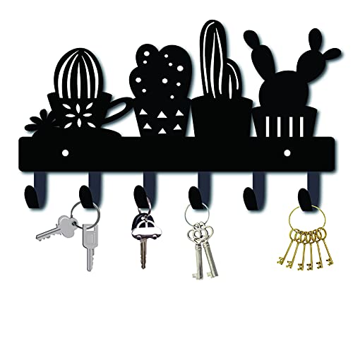 CREATCABIN Cactus Key Holder Metal for Wall Mounted Black 10.6" x 6.3" Keys Hanger 6 Hooks Decorative Welcome Home Sign Key Hanging Rack for Bathroom Door Kitchen Bedroom University Dormitory