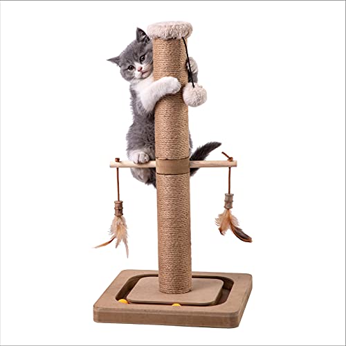 MECOOL Cat Scratching Post Tall Kitten Posts Tree Premium Scratcher Natural Jute Ropes with Tracking Interactive Toys Heavy Base Cat Scratch Deterrent for Indoor Cats (Beige) (Medium-23)