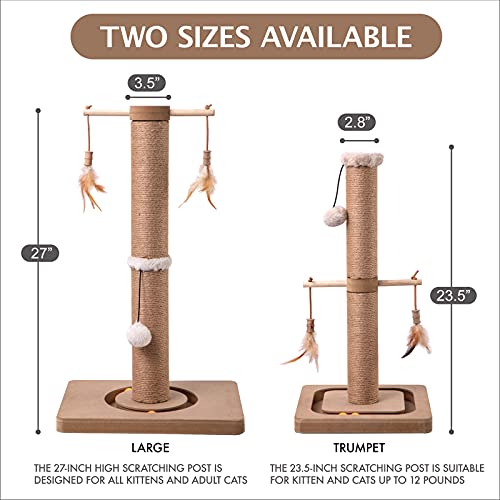 MECOOL Cat Scratching Post Tall Kitten Posts Tree Premium Scratcher Natural Jute Ropes with Tracking Interactive Toys Heavy Base Cat Scratch Deterrent for Indoor Cats (Beige) (Medium-23)