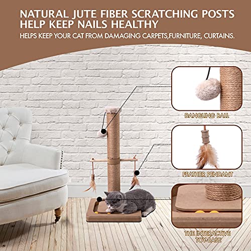 MECOOL Cat Scratching Post Tall Kitten Posts Tree Premium Scratcher Natural Jute Ropes with Tracking Interactive Toys Heavy Base Cat Scratch Deterrent for Indoor Cats (Beige) (Medium-23)