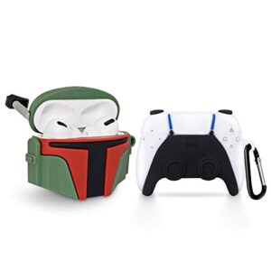 2pack airpods pro case, soft silicone cute funny fun star war boba fett cartoon character cover with keychain, airpod pro skin set for kids teens boys girls(ps5 game controller+mandalorian helmet)