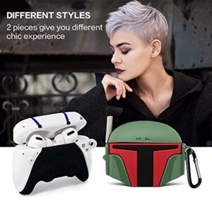 2Pack Airpods Pro Case, Soft Silicone Cute Funny Fun Star War Boba Fett Cartoon Character Cover with Keychain, AirPod Pro Skin Set for Kids Teens Boys Girls(PS5 Game Controller+Mandalorian Helmet)