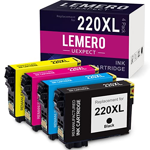 LemeroUexpect Remanufactured Ink Cartridge Replacement for Epson 220 XL 220XL T220XL for WF-2760 WF2750 WF2630 XP420 WF-2750 XP-320 WF-2630 WF2760 WF2650 WF-2650 (Black Cyan Magenta Yellow, 4-Packs)