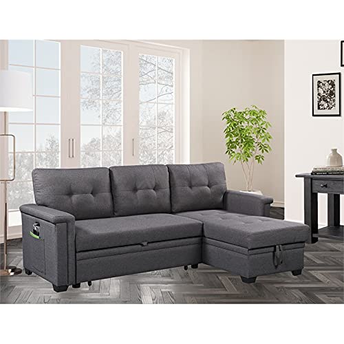 Lilola Home Nathan Dark Gray Reversible Sleeper Sectional Sofa with Storage Chaise, USB Charging Ports and Pocket