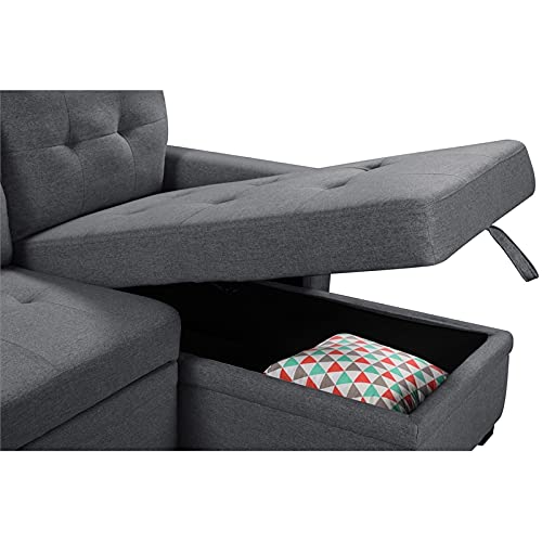 Lilola Home Nathan Dark Gray Reversible Sleeper Sectional Sofa with Storage Chaise, USB Charging Ports and Pocket
