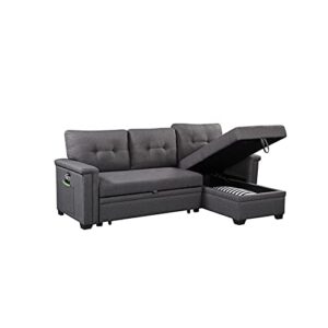 Lilola Home Nathan Dark Gray Reversible Sleeper Sectional Sofa with Storage Chaise, USB Charging Ports and Pocket