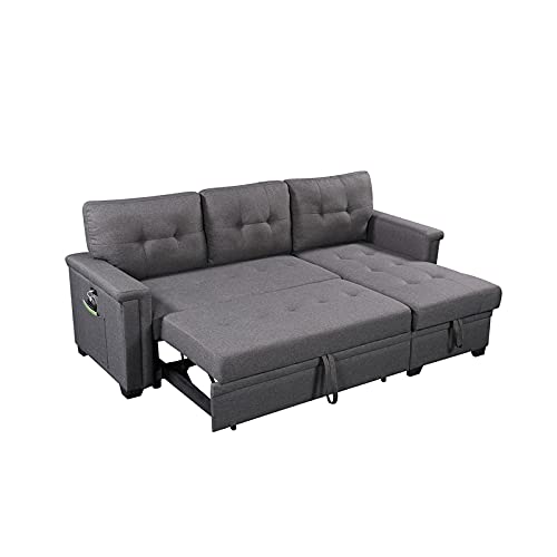 Lilola Home Nathan Dark Gray Reversible Sleeper Sectional Sofa with Storage Chaise, USB Charging Ports and Pocket