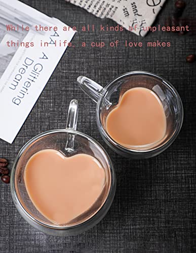 PCduoduo Heart Shaped Cup，Heat resistant creative double layer heart cup cup clear glass milk cup tea milk cup cup coffee cup (8oz/240ML)