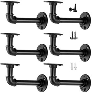 industrial pipe shelf brackets for 8 10 12 14 inches board, iron l pipe floating shelf bracket heavy duty metal shelving brackets for shelves- 6 pack black