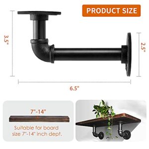 Industrial Pipe Shelf Brackets for 8 10 12 14 inches Board, Iron L Pipe Floating Shelf Bracket Heavy Duty Metal Shelving Brackets for Shelves- 6 Pack Black