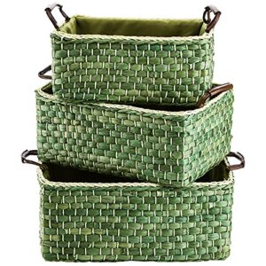 peohud set of 3 woven storage baskets, maize straw organizer bins with handle, handwoven basket set for organizing bedroom, living room, laundry room, kitchen or office, green