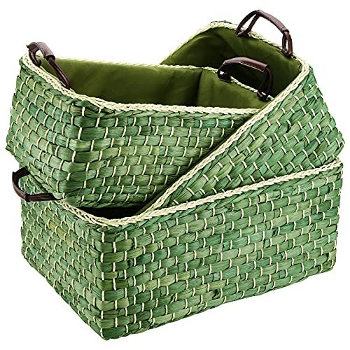 Peohud Set of 3 Woven Storage Baskets, Maize Straw Organizer Bins with Handle, Handwoven Basket Set for Organizing Bedroom, Living room, Laundry Room, Kitchen or Office, Green