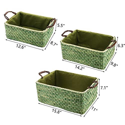 Peohud Set of 3 Woven Storage Baskets, Maize Straw Organizer Bins with Handle, Handwoven Basket Set for Organizing Bedroom, Living room, Laundry Room, Kitchen or Office, Green