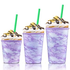 3 pack iced coffee cup sleeve for large sized cups, reusable neoprene iced coffee cup holder for hot cold drinks, compatible with starbucks, dunkin donuts, and more（purple marble）