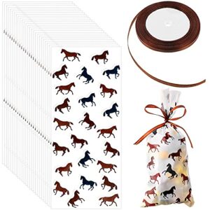 100 pieces horse cellophane bags horse racing treat bags animal party goodie bags with a roll of brown ribbon for chocolate candy snacks cookies, cowboy cowgirl horse themed party supplies