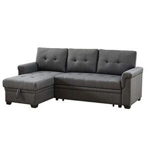 lilola home hunter dark gray linen reversible sleeper sectional sofa with storage chaise