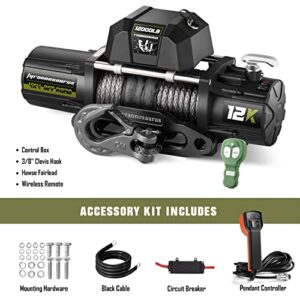 Tyrannosaurus 12000lbs Waterproof Synthetic Winch Kit, Electric Winch 12V DC Powered Off-Road Winch with Heavy Duty Forged Hook for Trailers, SUVs