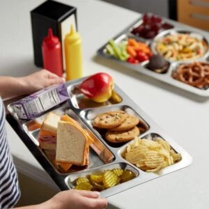 Tebery 3 Pack Stainless Steel Rectangular Divided Plates Tray, 5 Sections Dinner Plates for Adults,Kids, Picky Eaters, Campers, and Portion Control