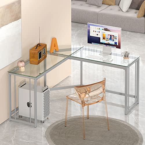 soges 59 inches L-Shaped Desk with Tempered Glass Computer Desk L Glass Table Corner Desk Computer Table,Clear UT-096