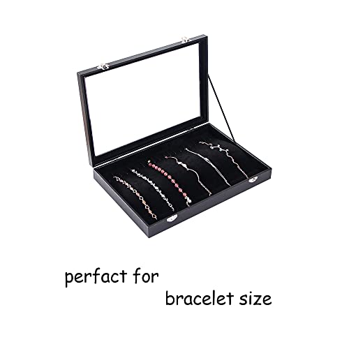 ByKen Jewelry Glass lid 20 Hooks Necklace Organizer Box,Necklace Tray,Necklace Display Box,Chains Showcase Storage Boxes for Show Stackable (Black Velvet)