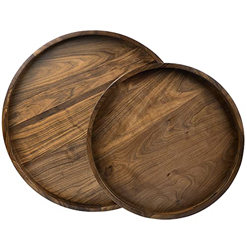 24" x 24" Round Solid Black Walnut Wood Serving Tray Extra Large Ottoman Table Tray Circle Tray with Handle Platter Decorative Tray for Oversized Ottoman