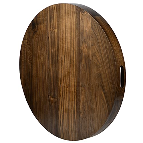 24" x 24" Round Solid Black Walnut Wood Serving Tray Extra Large Ottoman Table Tray Circle Tray with Handle Platter Decorative Tray for Oversized Ottoman