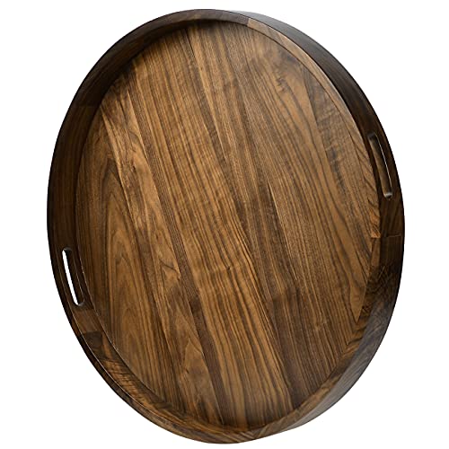 24" x 24" Round Solid Black Walnut Wood Serving Tray Extra Large Ottoman Table Tray Circle Tray with Handle Platter Decorative Tray for Oversized Ottoman