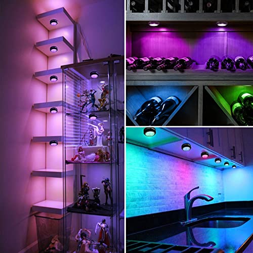 MFOX Battery Lights Under Cabinet Lighting, Puck Lights with 2 Remote Control 6 Pack and LED Color Changing Wireless Ceiling Light with Timer, Dimmable Closet Lights, Led Lights for Bedroom.
