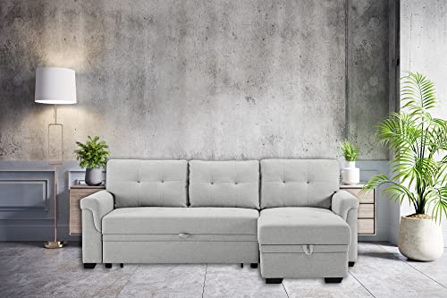 Lilola Home Hunter Light Gray Linen Reversible Sleeper Sectional Sofa with Storage Chaise