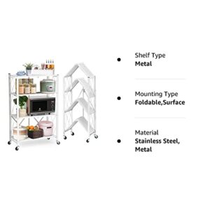 4 Tier Foldable Shelving Unit, Lanstics Folding Shelves Heavy Duty Storage Shelving with Wheels Metal Shelf Standing Shelves Units for Home Kitchen Living Room