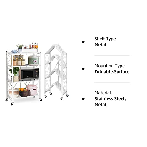 4 Tier Foldable Shelving Unit, Lanstics Folding Shelves Heavy Duty Storage Shelving with Wheels Metal Shelf Standing Shelves Units for Home Kitchen Living Room